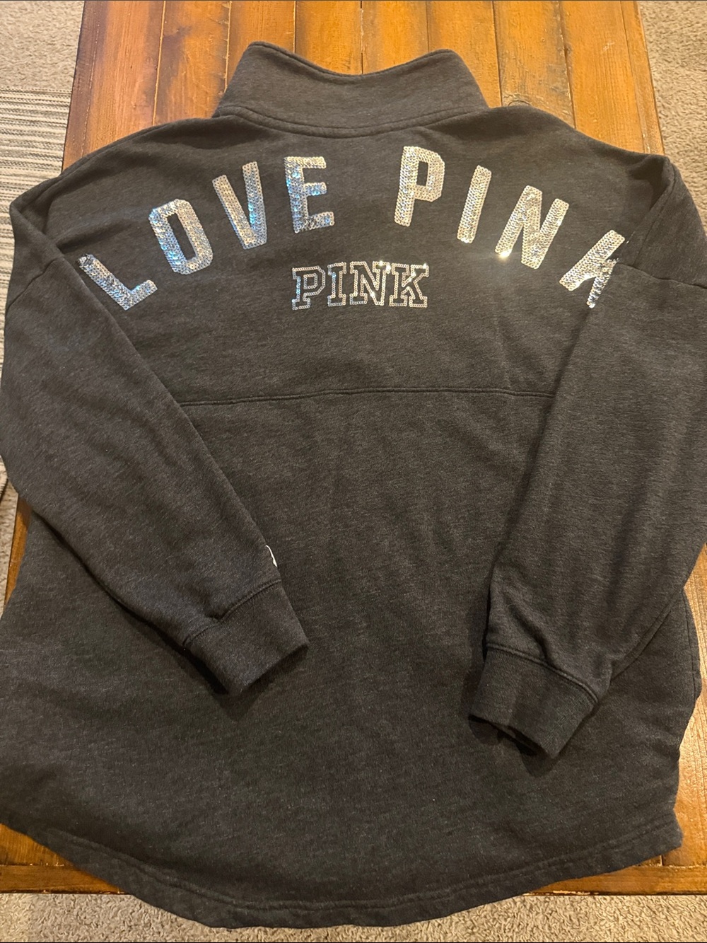 PINK Victoria's Secret Dark Gray Sweatshirt with Holographic 'LOVE PINK'